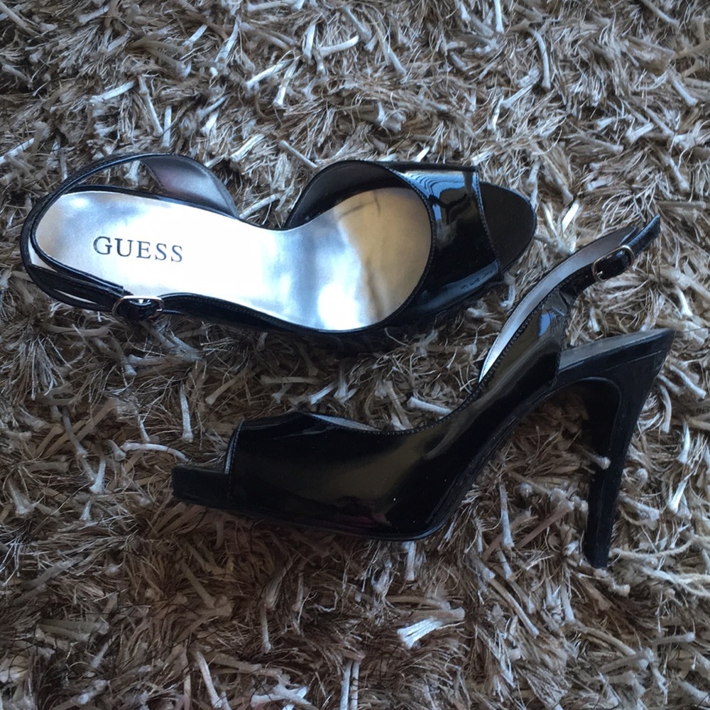 Guess black patent open toed stilettos